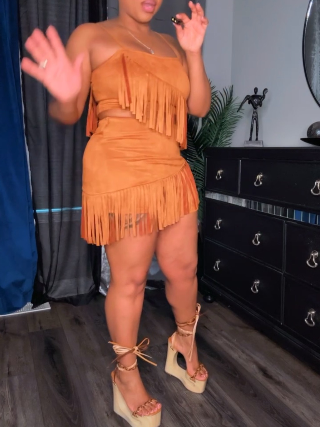 Fringe Suede Two-Piece Set In Cognac